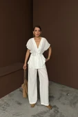 KETEN V YAKA BELDEN BAĞLAMALI BLUZ-PANTOLON TAKIM - Beyaz - 2
