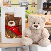 Ayıcık Peluş Oyuncak - Etiket Tarzı Kahverengi Ayı - 26cm + Hediye Çantası + Işık Sarmalı - 3