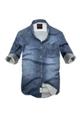 Slim Fit Saf Pamuk Denim Kumaş Kot Gömlek--laci Çizki Eskitme- - 1
