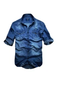 Slim Fit Saf Pamuk Denim Kumaş Kot Gömlek- -koyu Mavi-- - 1