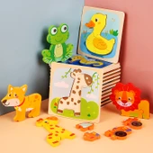 Ahşap 3D Hayvan Bulmacası - Zürafa, Kurbağa, Ördek, Kaplumbağa, Araba, İnek - 6