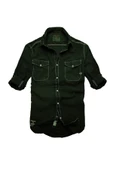 Slim Fit Likralı Esnek Kumaş Çift Cep Kot Gömlek--haki Siyah-- - 1
