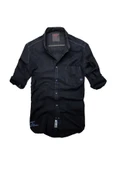 Slim Fit Saf Pamuk Denim Kumaş Kot Gömlek--koyulacivert--- - 1