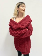 Kadın Bordo Örme Hırka - 8