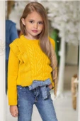 Kız Çocuk Fırfır ve Saç Örgü Detaylı Triko Bluz ve Jeans Pantolon Sarı ALt Üst takım thumbnail 2