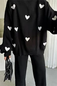 Premium Kumaş Kadın Siyah Havlu Kalp İşleme Detay Triko Kazak Pantolon İkili Takım - 4