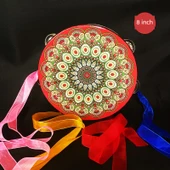 Orff Perküsyon Aleti Tamburin - Şerit Kırmızı Tavus Kuşu Tüyü - 20cm - 1