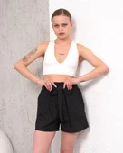 Kuşaklı keten şort siyah s255265 - 3