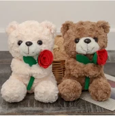 Ayıcık Oturan Çiçek Tutan - 20cm - Beyaz - 12