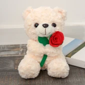 Ayıcık Oturan Çiçek Tutan - 20cm - Beyaz - 1