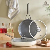 4 Parça Sera Nova Single Yanmaz Yapışmaz Seramik Cam Kapaklı Tava Seti Beyaz thumbnail 1