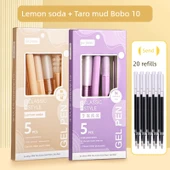 Press Nötr Fırça Kalemi - Limon Soda + Taro Mud Bobo - 10 Adet + 20 Yedek - 0.5mm Siyah Mürekkep - 1