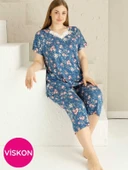 Anne Kalıp Tunik Büyük Beden Kapri-Battal Beden Dantel Detay Kısa Kol Viskon Bermuda Pijama Takımı - 1