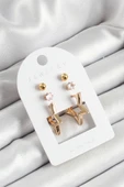 Pirinç Zirkon Taş Ve Yıldız Figürlü Gold Renk 3'lü Çift Kadın Küpe Set - TJ-BKP10653 - 1