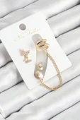 Pirinç Kelebek Figürlü Zirkon Taşlı Gold Renk 3'lü Kıkırdak Kadın Küpe Set - TJ-BKP10665 - 1