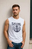 Erkek Bisiklet Yaka Baskılı Beyaz Kolsuz T-shirt - 4