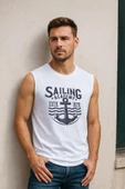 Erkek Bisiklet Yaka Baskılı Beyaz Kolsuz T-shirt - 1