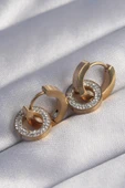 316L Çelik Özel Seri   Gold Renk Zirkon Taşlı İç İçe Geçmeli Oval Küpe - 1