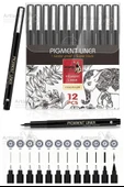 Teknik Çizim Kalemi 12 li 1 Paket Drawing Pigment Liner Eskiz Kaligrafi Kalemi Kalıcı Mürekkep Suya Dayanıklı - 1