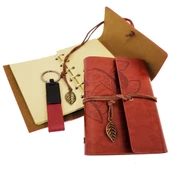 Periboia Özel Ahşap Kutulu Kiremit Rengi Deri Defter ve Anahtarlık Set - 2