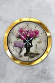 Platin Saat 36 Cm Gold Metal Pembe Çiçek Duvar Saati - 1