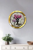 Platin Saat 36 Cm Gold Metal Pembe Çiçek Duvar Saati - 2