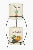 2 Katlı Kulplu Patates Soğanlık Metal Patates Soğan Kovası Sebzelik Sepeti Krem thumbnail 1