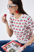 Peraluna Alice's Cherry, Kiraz Desenli Kadın Triko Yazlık Bluz  - EKRU MULTİ - 6
