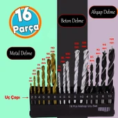 Matkap Ucu Set 16'lı Paket 3'ü Bir Arada Beton Duvar Ahşap Metal Çelik Delme Uç Değişik Uzunluk Çap - 1