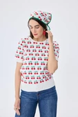Peraluna Alice's Cherry, Kiraz Desenli Kadın Triko Yazlık Bluz  - EKRU MULTİ - 8