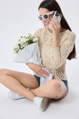 Peraluna AMY TOP Ajur Örgü Kadın Simli Bluz  - Ekru Simli - 3