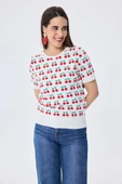 Peraluna Alice's Cherry, Kiraz Desenli Kadın Triko Yazlık Bluz  - EKRU MULTİ - 3
