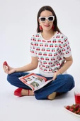 Peraluna Alice's Cherry, Kiraz Desenli Kadın Triko Yazlık Bluz  - EKRU MULTİ - 5