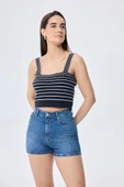 Peraluna Florence, Çizgili, Geniş Askılı Kadın Pamuklu Triko Krop Üst - SİYAH / BEYAZ ÇİZGİLİ thumbnail 5