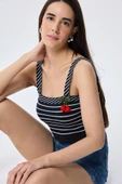 Peraluna Florence, Çizgili, Geniş Askılı Kadın Pamuklu Triko Krop Üst - SİYAH / BEYAZ ÇİZGİLİ thumbnail 6