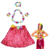Hawaii Dans Kostümü – Kırmızı Hula Etek & Çiçek Kolye Seti - 1