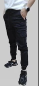 Erkek Jogger Beli ve Paçası Lastikli Keten Siyah Kargo Pantolon - 1