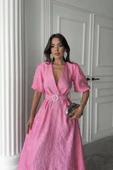 Pembe Işıltılı Kemerli Kruvaze Elbise - 4