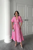 Pembe Işıltılı Kemerli Kruvaze Elbise - 3