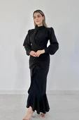 Siyah Volanlı Uzun Kol Elbise - 1