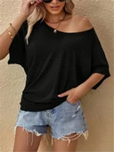 Kadın Tek Omuzu Açık Kısa Kollu Salaş Viskon Bluz thumbnail 2