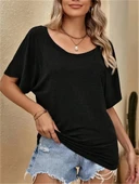 Kadın Tek Omuzu Açık Kısa Kollu Salaş Viskon Bluz thumbnail 1