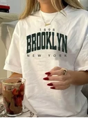 Baskılı Oversize Bisiklet Yaka T-shirt - Beyaz - 1