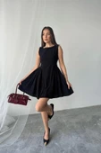 Siyah Mini Boy Büzgülü Keten Elbise - 1