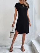 Lucky Life Kadın Kısa Kollu Bisiklet Yaka Viskon Iki Iplik Elbise thumbnail 3