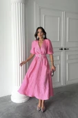 Pembe Işıltılı Kemerli Kruvaze Elbise - 1