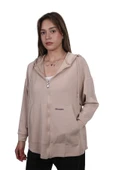 Kadın Modal Kumaş Yumuşak Dokulu Fermuarlı  Rahat Kalıp Bej Kapüşonlu Ceket Hırka - 1
