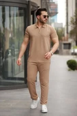 Erkek Yakalı Fermuarlı T-shirt Pantolon Ikili Rahat Takım - 1