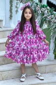 Kız Çocuk Yakası ve Omuzları Fırfır Detaylı Çiçek İşlemeli Pliseli Pembe Elbise thumbnail 12