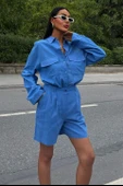 Gömlek Yakalı ve Uzun Kollu Desensiz Flamlı Keten Kadın Gömlek ve Şort Takımı (2 Parça ) MAVİ - 1